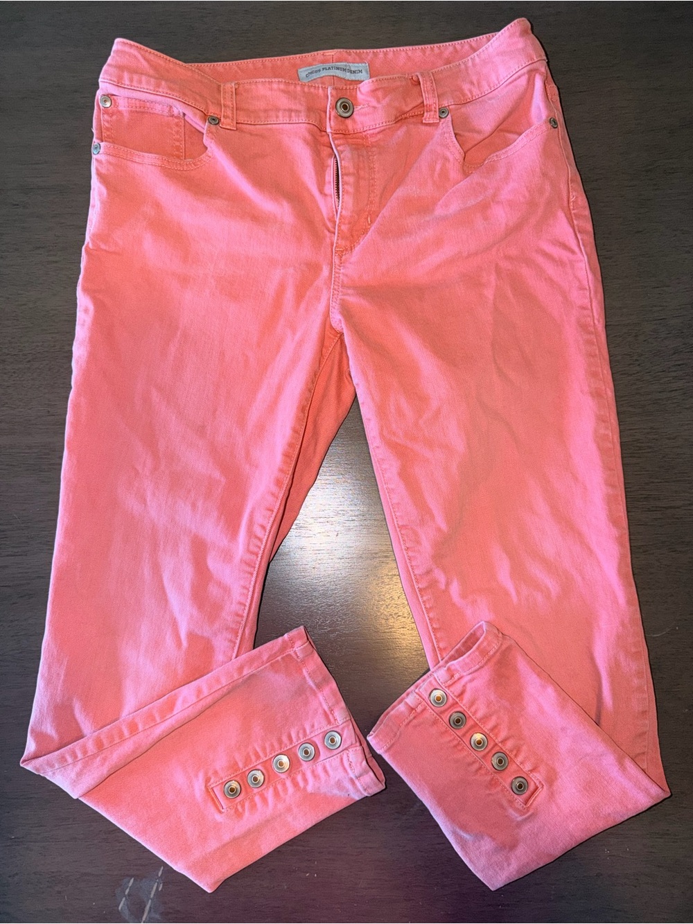 Chico’s Platinum Denim Coral Pink Snap Ankle - Size 1